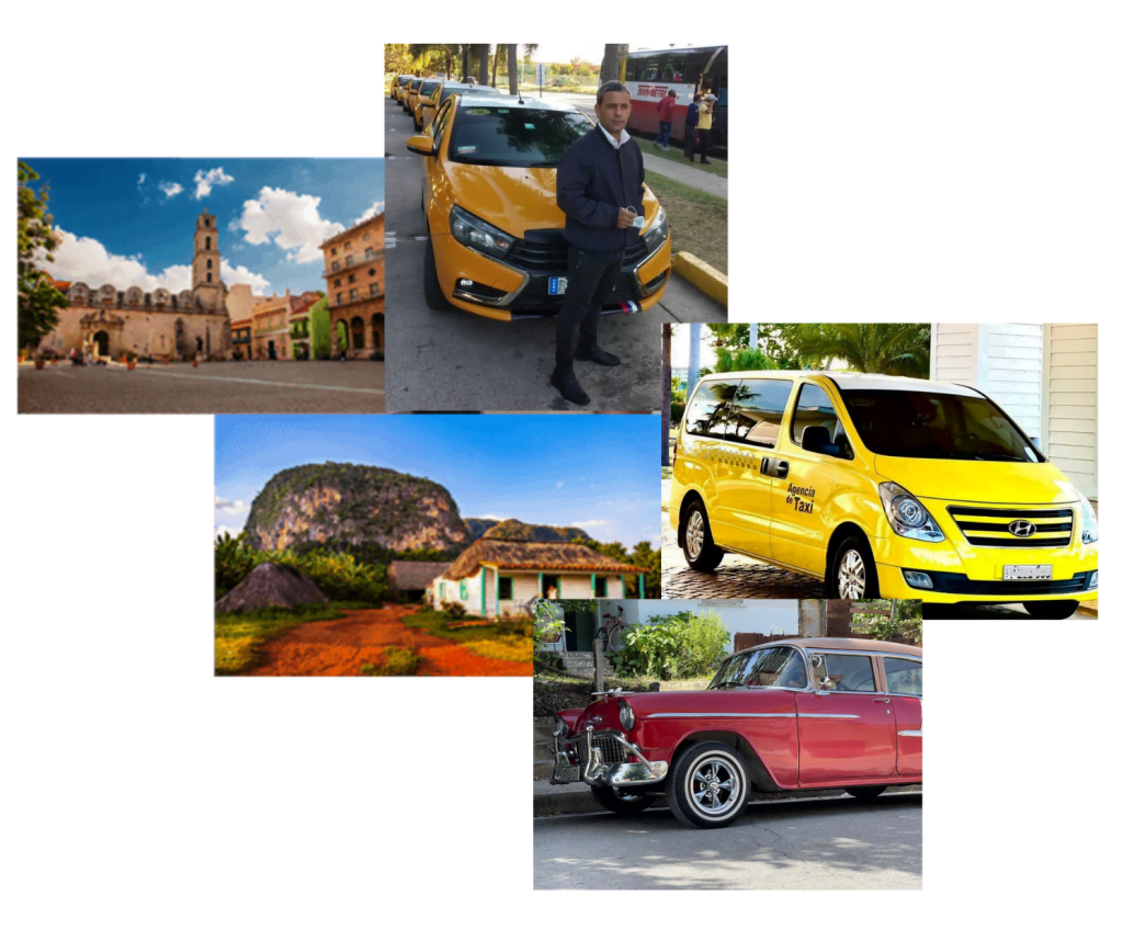 Collage de fotos de taxis cubanos y excursiones en Cuba